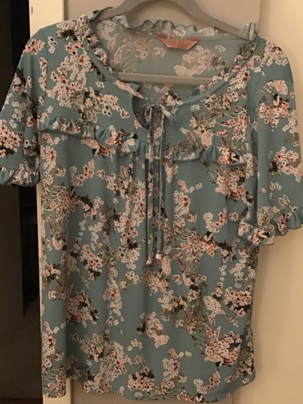 Floral Ruffle Tie-Neck Blouse in Light Blue